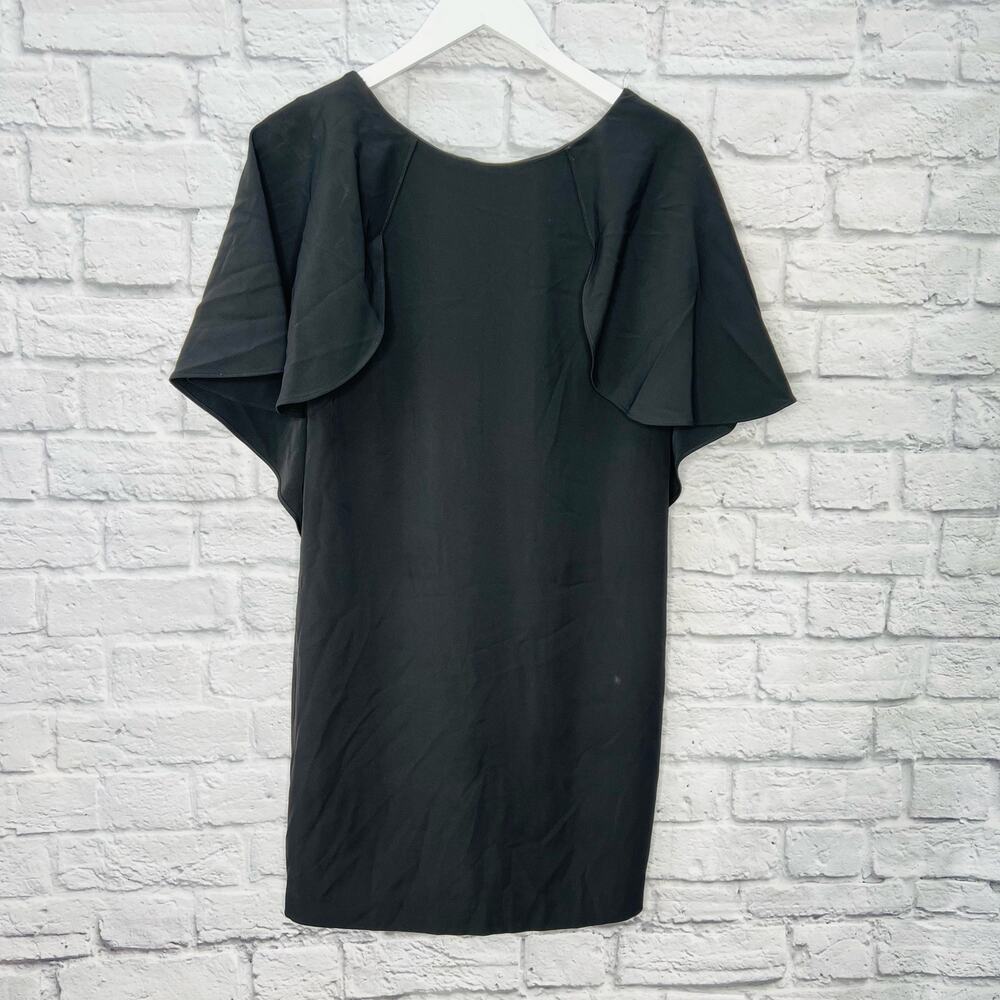 Calvin Klein Black Shift Dress Flutter Sleeve Open V-Back Size 6 LBD Ruffle